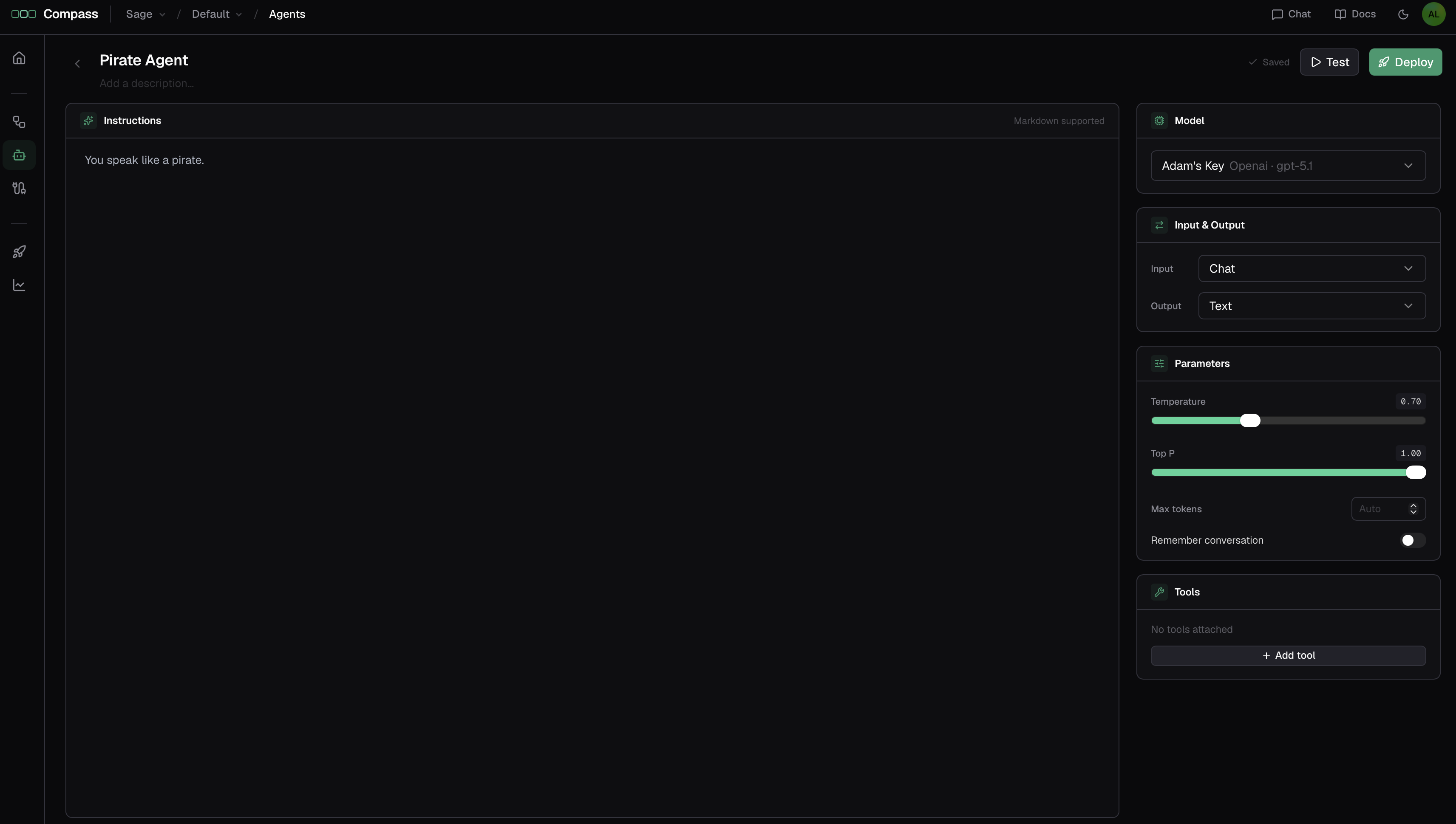 The agent builder: an instructions editor on the left, and model, input/output, parameters, and tools panels on the right.