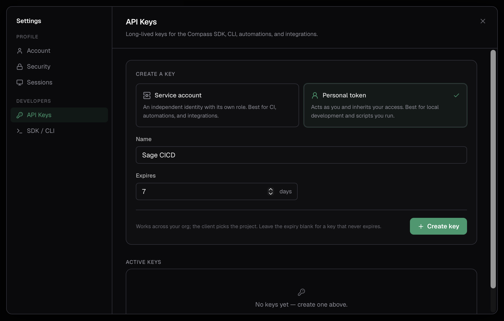 The API Keys settings panel: choose service account or personal token, give it a name, then create the key.