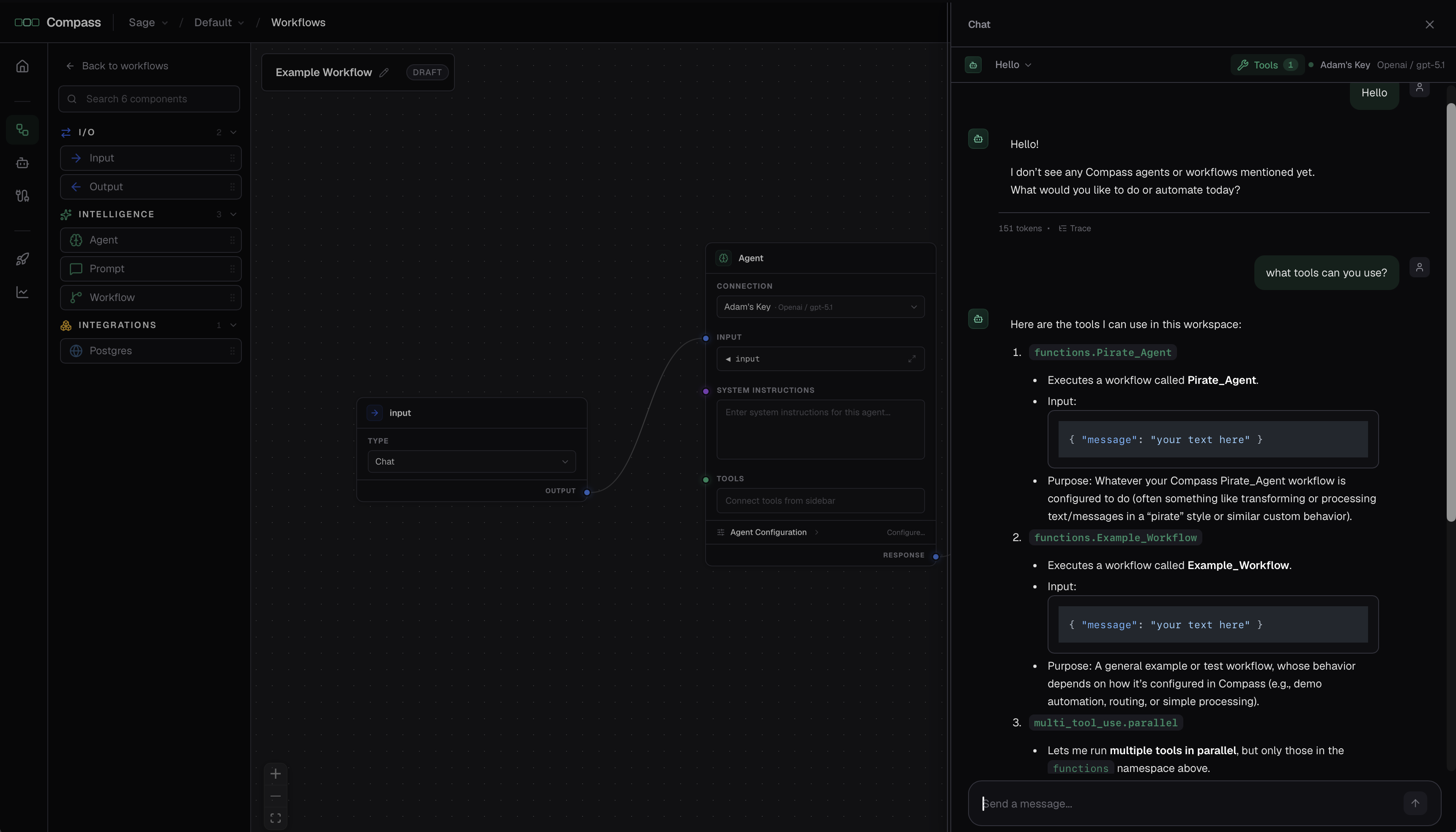 The Compass Chat panel open beside the canvas, answering a question and listing the tools it can use.