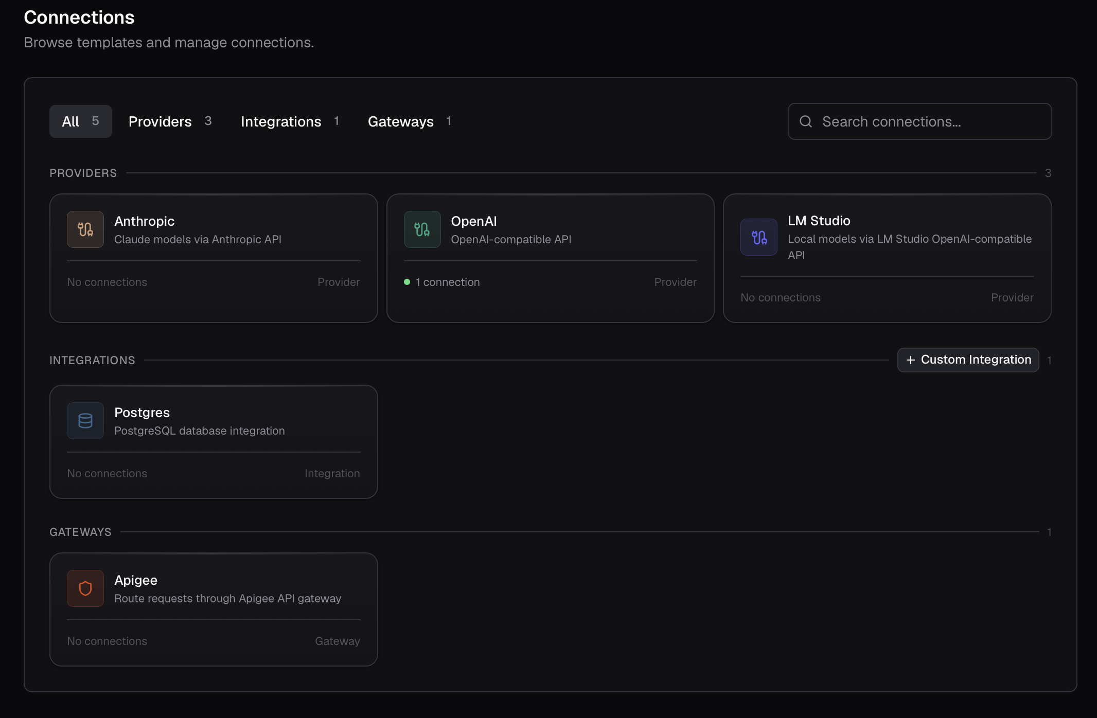The Connections page, with Providers, Integrations, and Gateways shown as grouped cards.