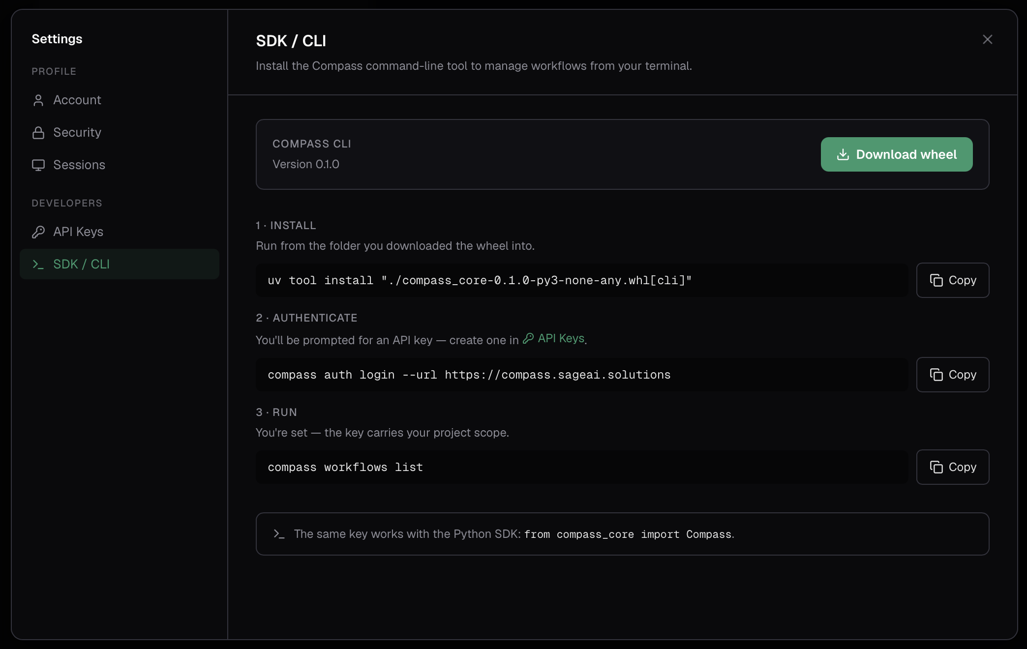 The SDK & CLI settings panel: a Download wheel button and three steps — install, authenticate, run.