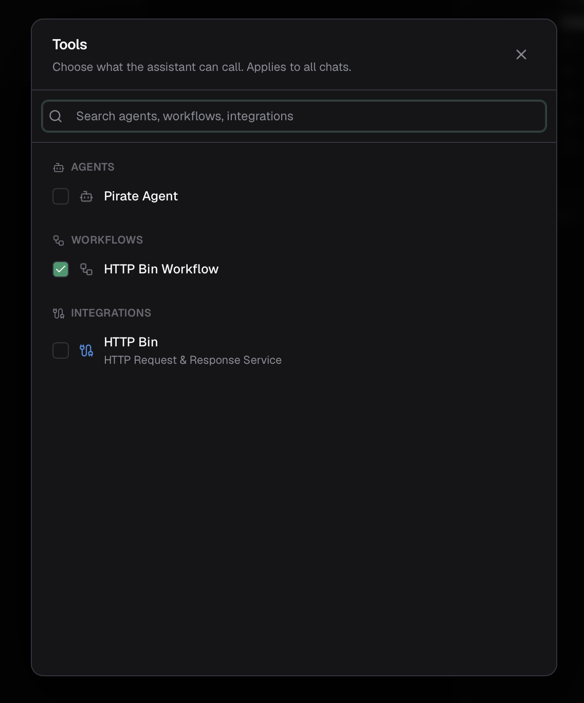 The chat tools picker, with agents, workflows, and integrations grouped and individually toggleable.