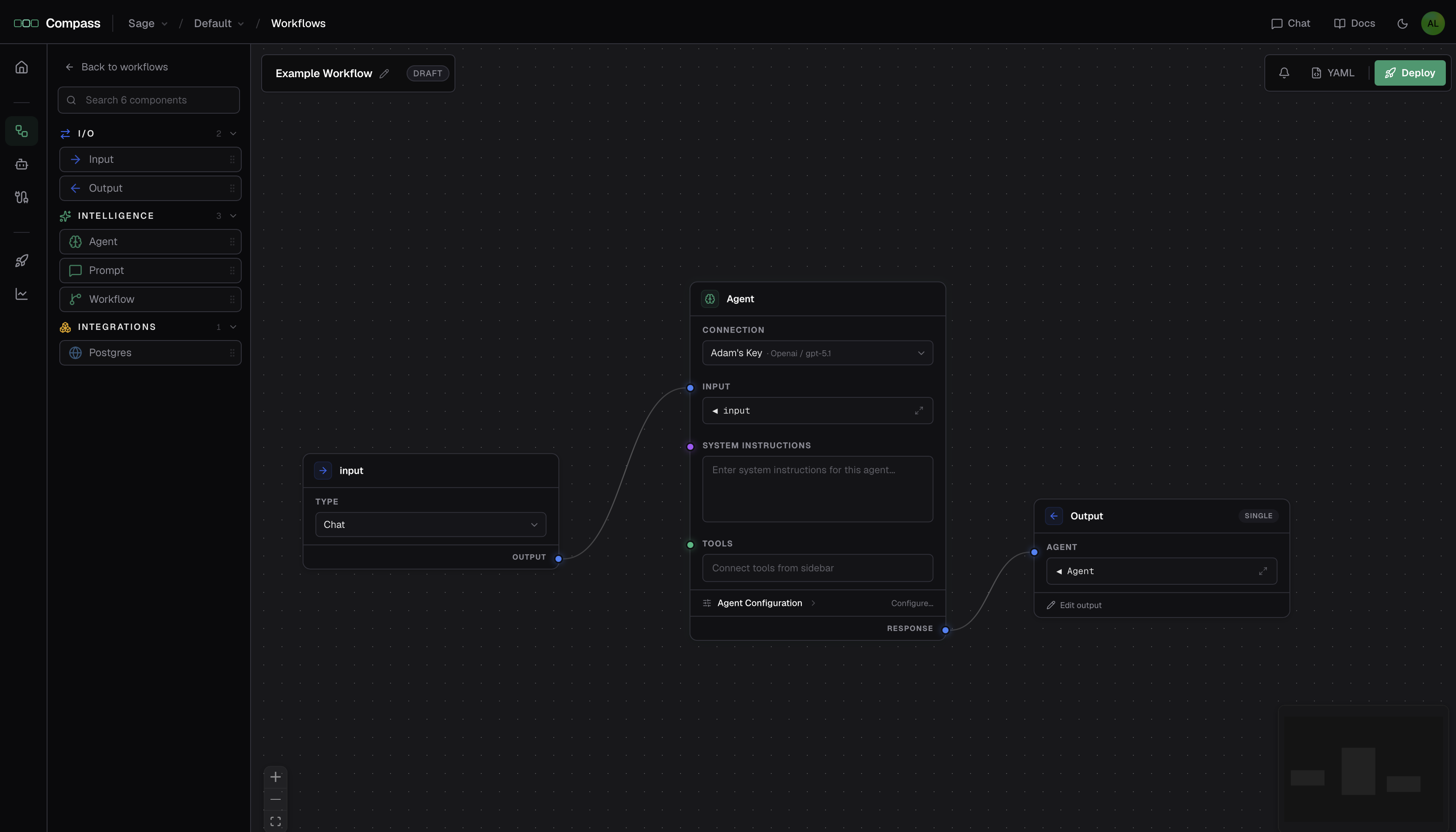 The workflow canvas: a node palette on the left, and an Input node wired to an Agent node and then an Output node on the board.